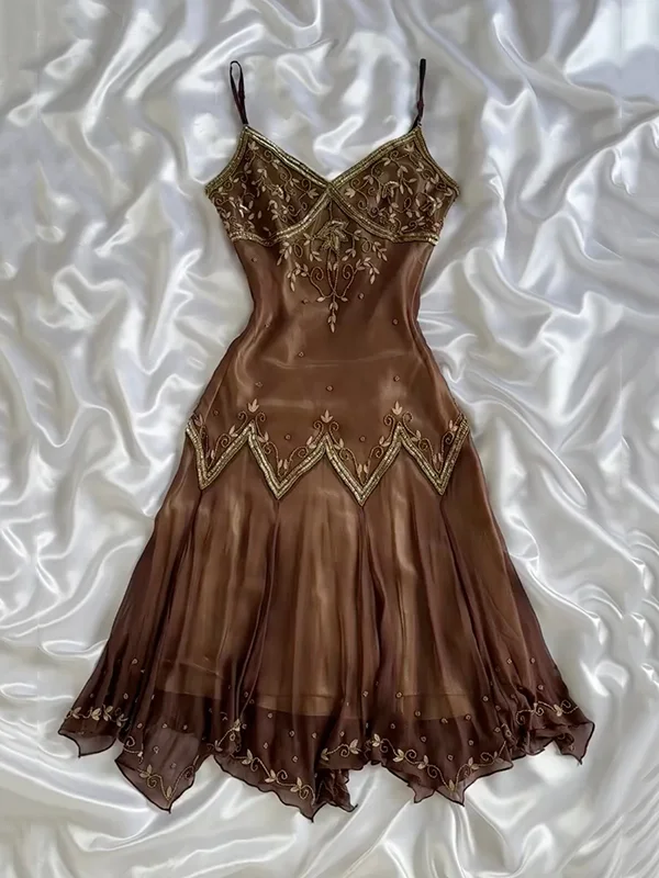 Vintage Spaghetti Straps V Neck Brown Tulle Beaded Short Prom Dress Formal Homecoming Dress D713