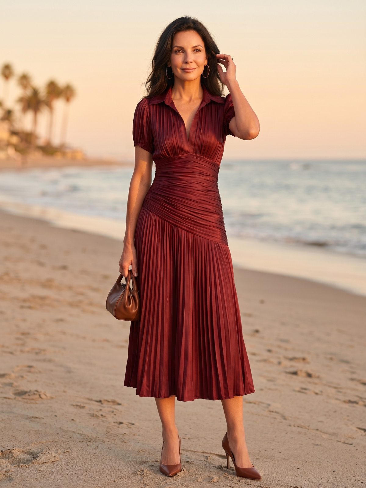 Collared Short Sleeve Pleated Ruched Midi Dress 2