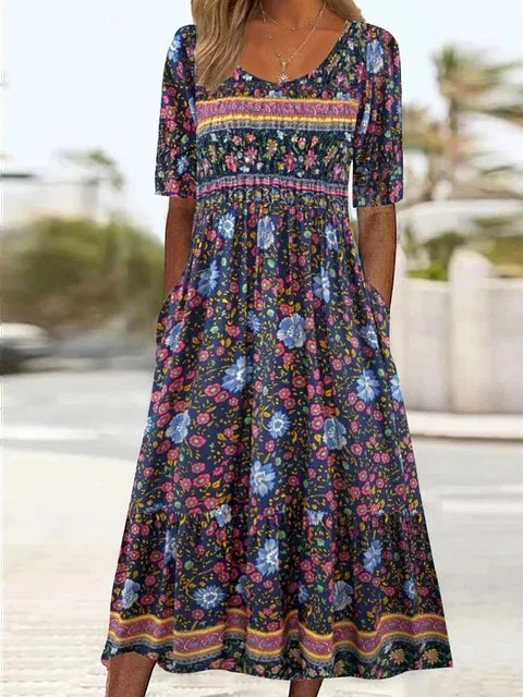Boho Floral Square Neck Short Sleeve Tiered Midi Dress 15