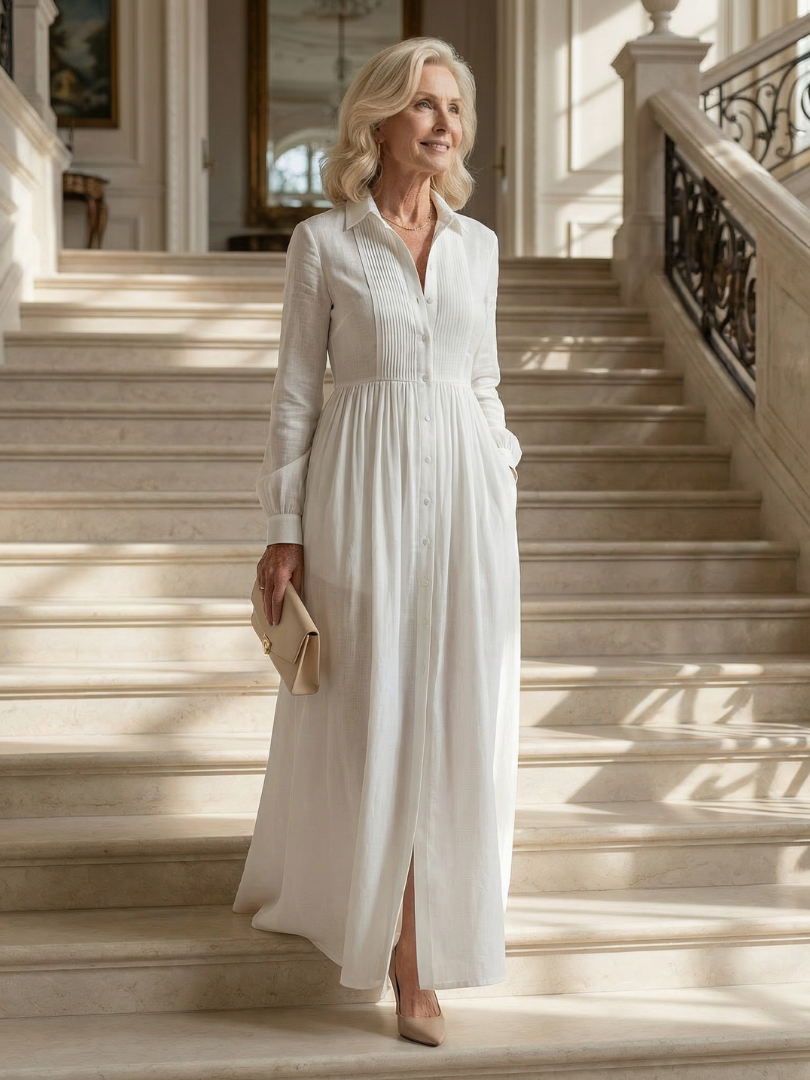 Collared Long Sleeve Pintuck Button Front Maxi Shirt Dress 5