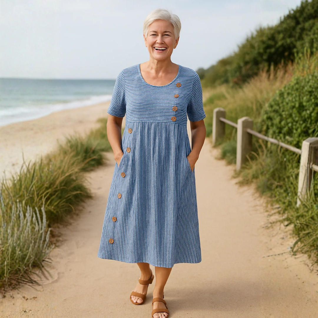 Striped Round Neck Short Sleeve Button Detail Midi Dress 4