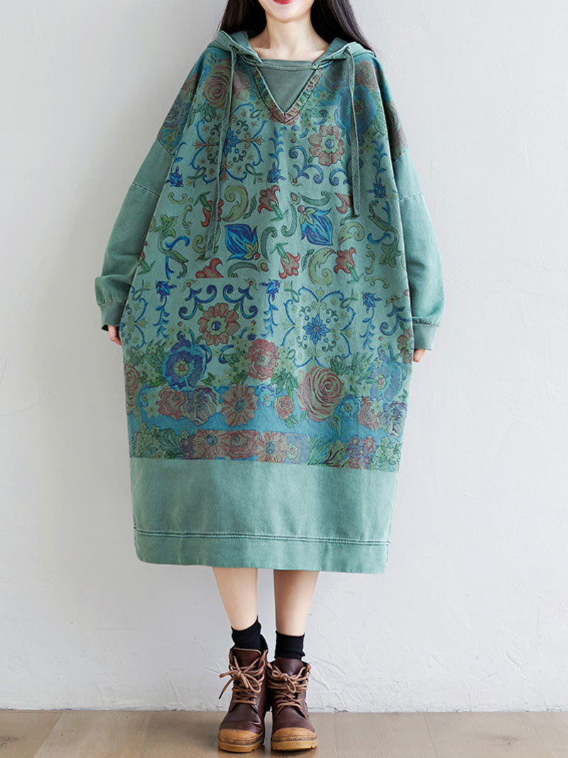 Printed Hooded Long-Sleeve Sweatshirt Midi Dress 2