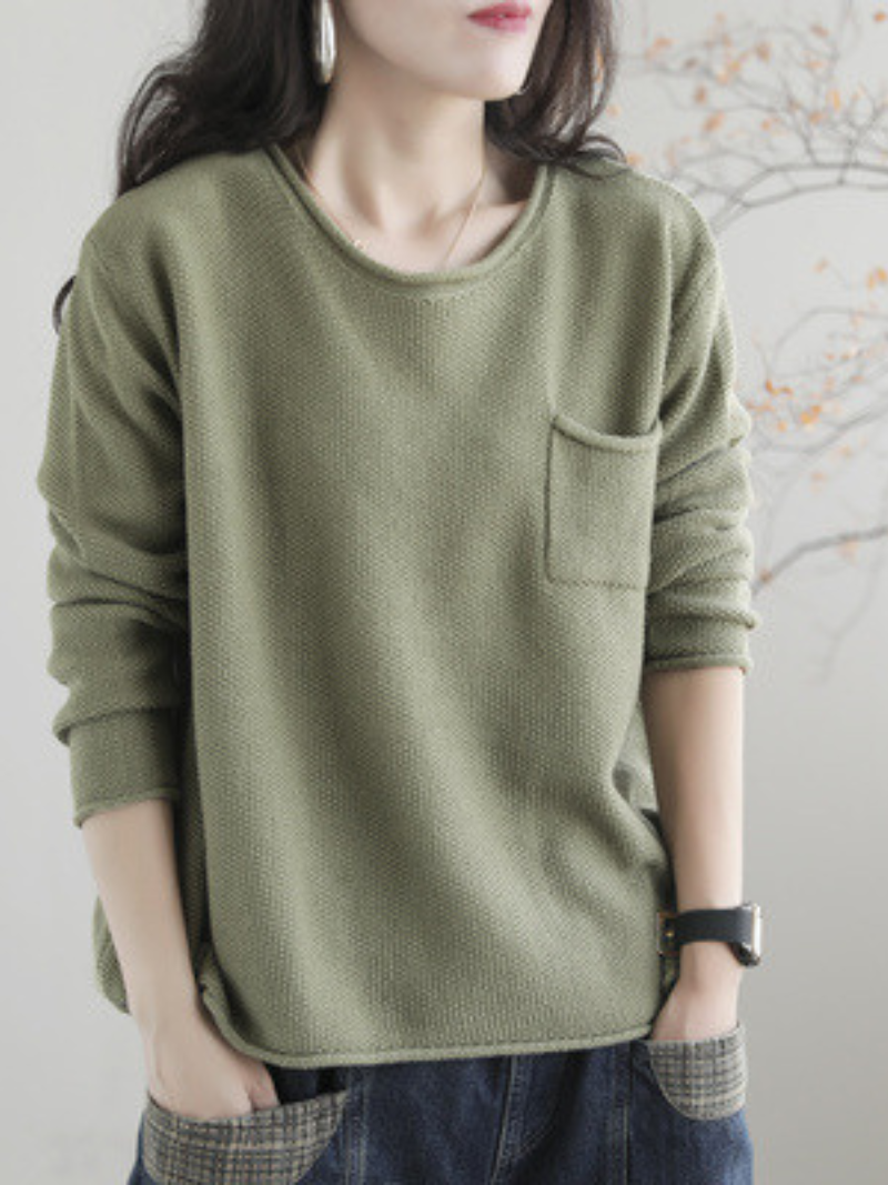 Knitted Small Pocket Solid Color Casual Loose Retro Sweater Top 5