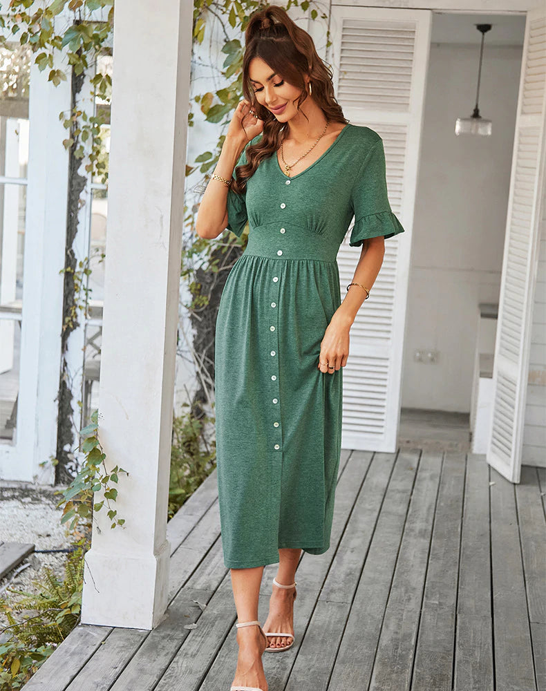 Knit V-Neck Button-Front Flutter-Sleeve A-Line Midi Dress 7