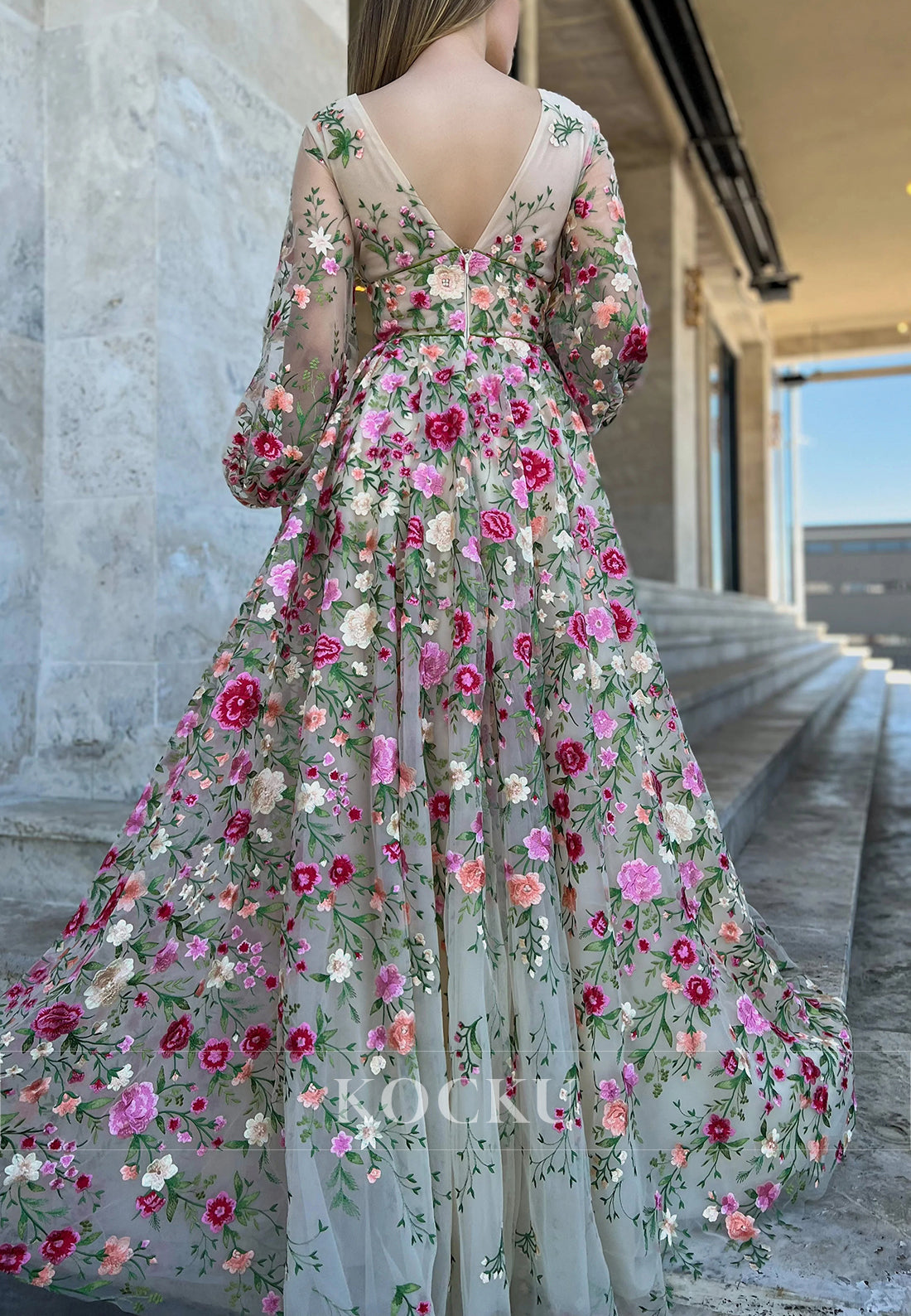 A-Line Long Sleeve V Neck Pleated Floral Embroidered Prom Dresses