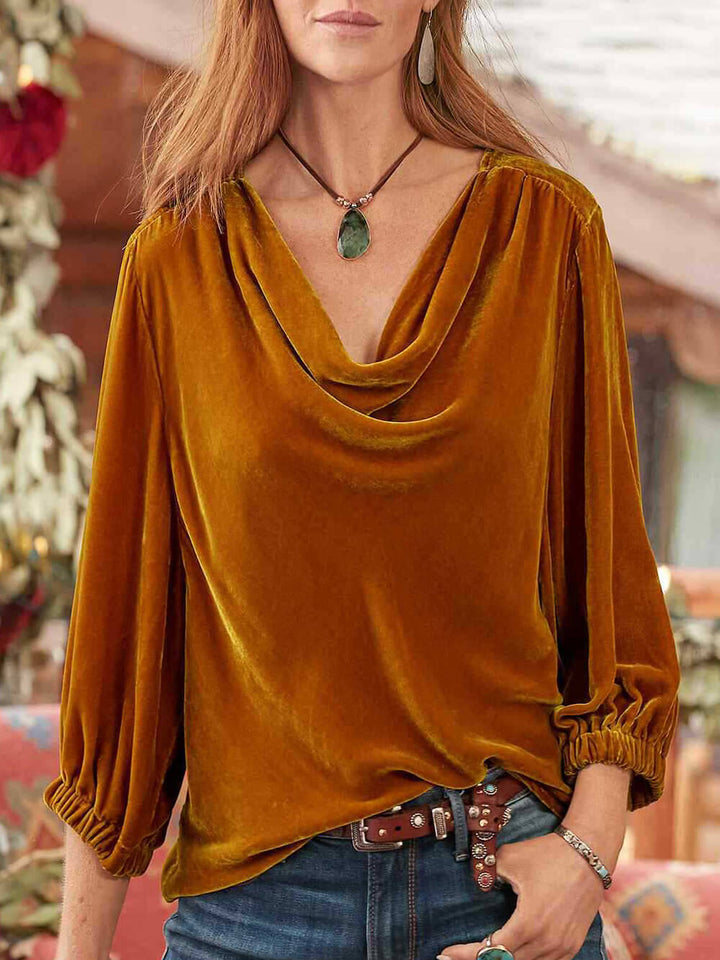 Long Sleeve Solid Velvet Pile Neck Pleated T-Shirt - Fashionpara