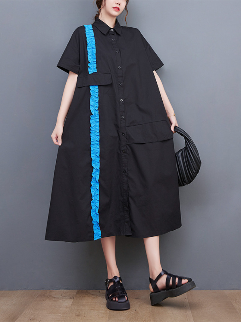 Lightweight Short Sleeve Midi Waist Dress with Pockets - Fashionpara