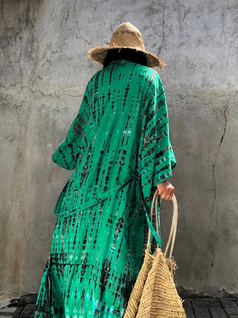 Tie-Dye Print Different Color Rayon Long Length Gown Kimono Duster Robe - Fashionpara