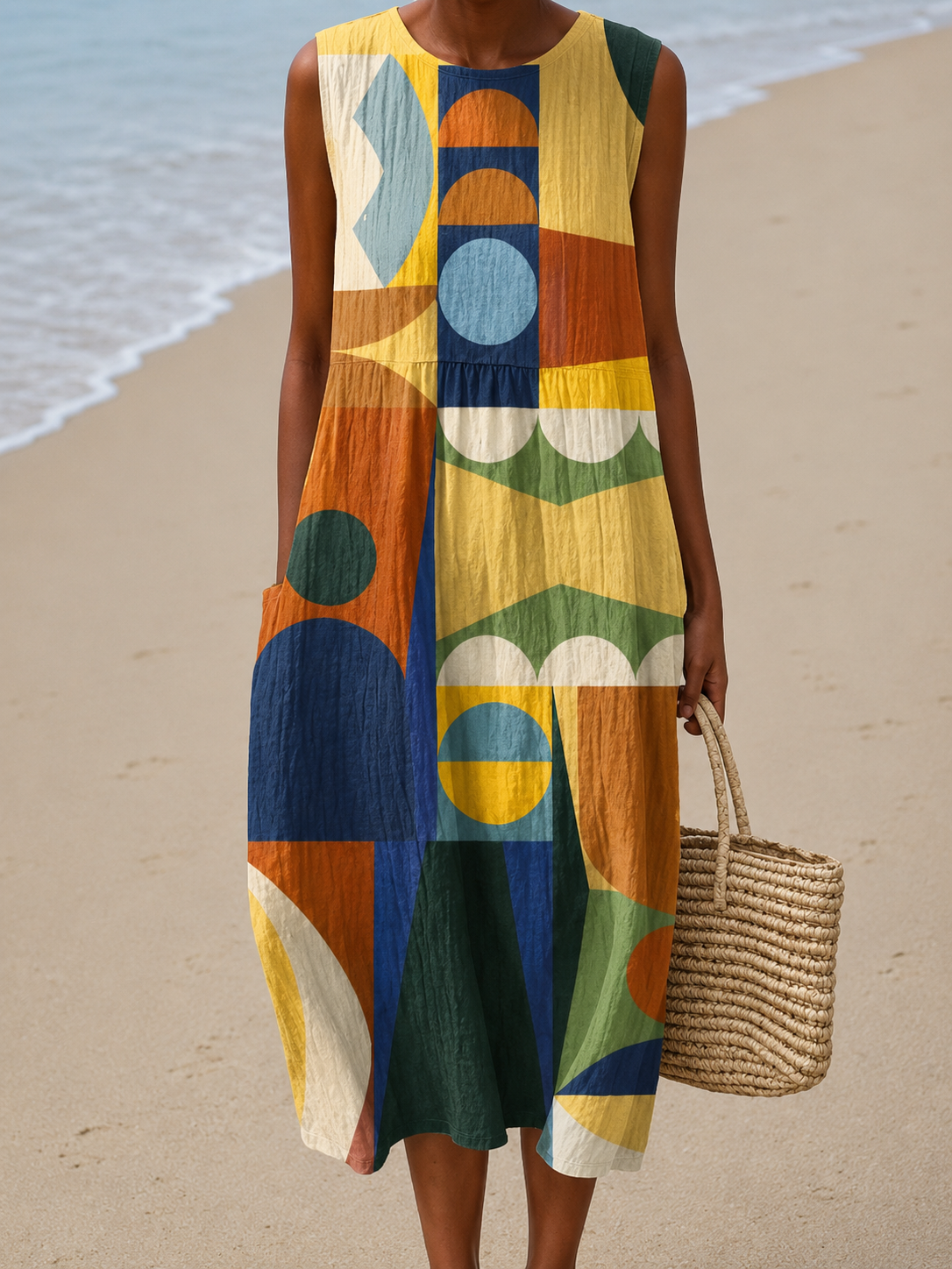 Geometric Print Sleeveless Round Neck Pocket Midi Dress