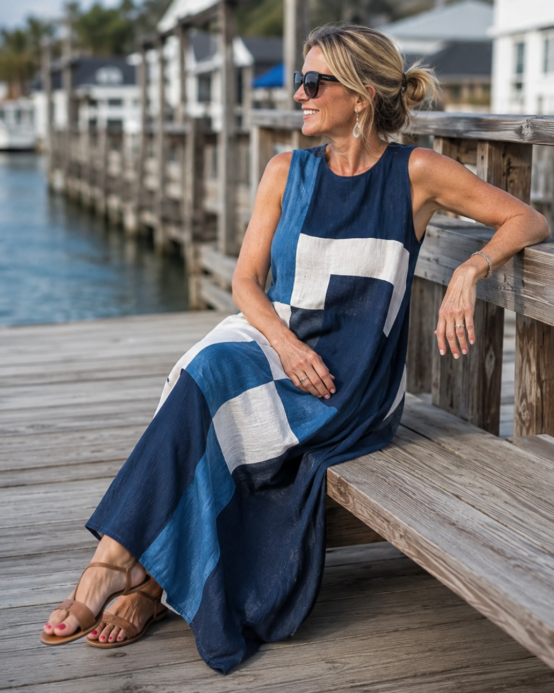 Sleeveless Geometric Color Block A-Line Maxi Dress 2