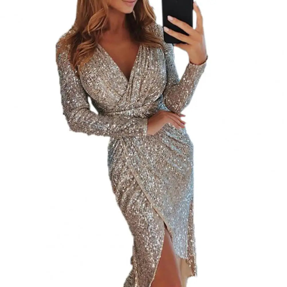 Sequin Deep V-Neck Long Sleeve Ruched Wrap Slit Midi Dress - View 5