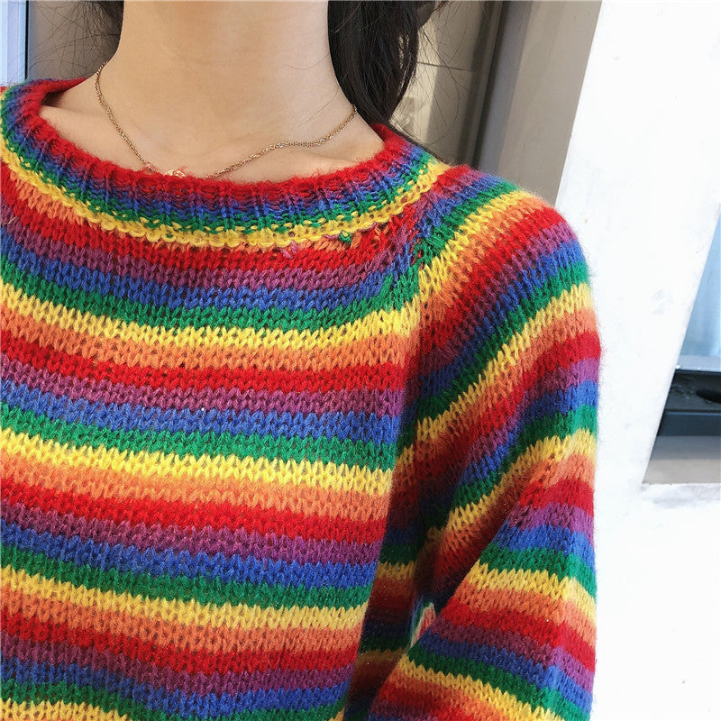 KittenAlarm - Rainbow Striped Casual Cropped Sweater