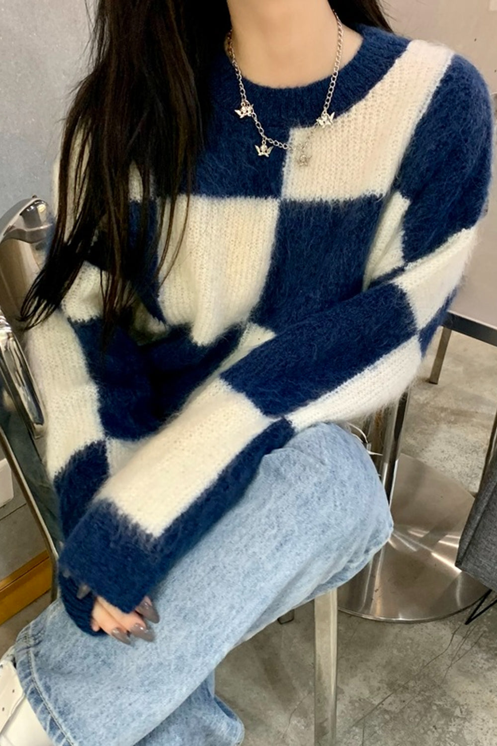 KittenAlarm - Blue Plaid O-Neck Knitted Sweater