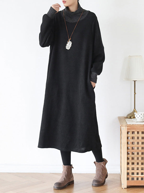 Knit High-Neck Long-Sleeve Loose Sweater Midi Dress 5