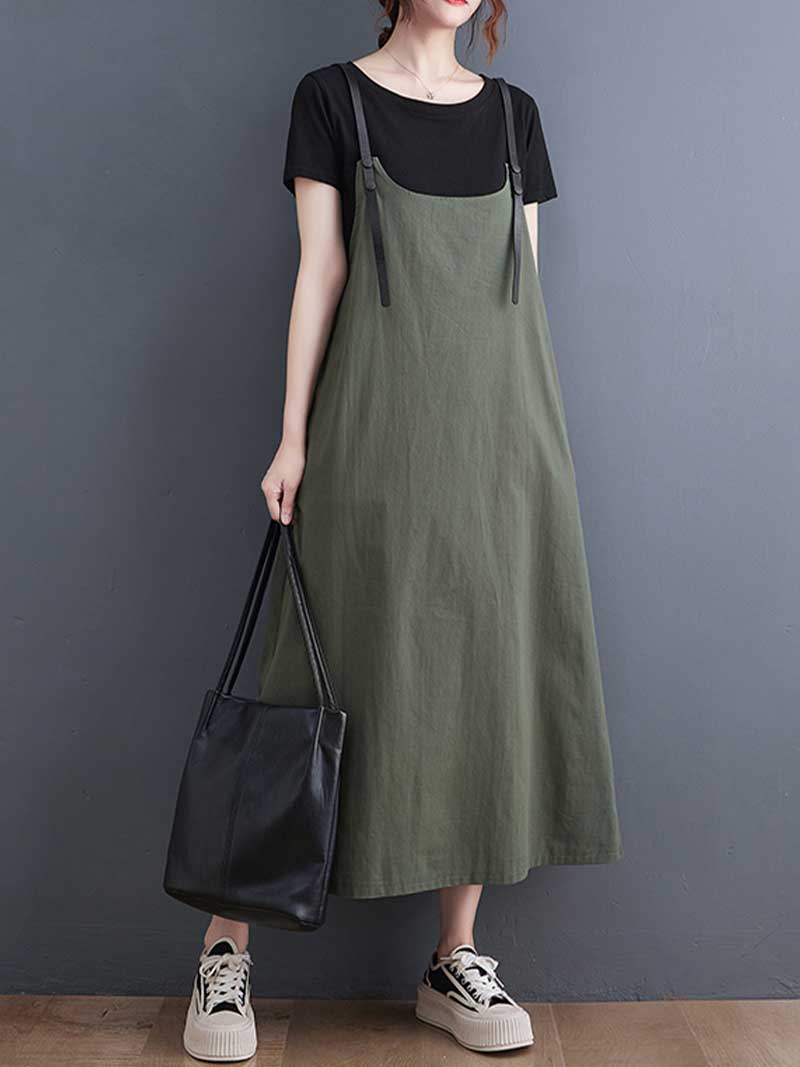 Plain Green Black Hemp Material Salopette Dress - Fashionpara