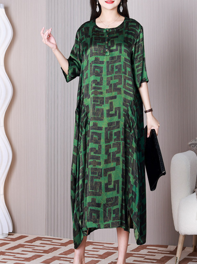 Geometric Maze Print Round Neck Cocoon Midi Dress 5