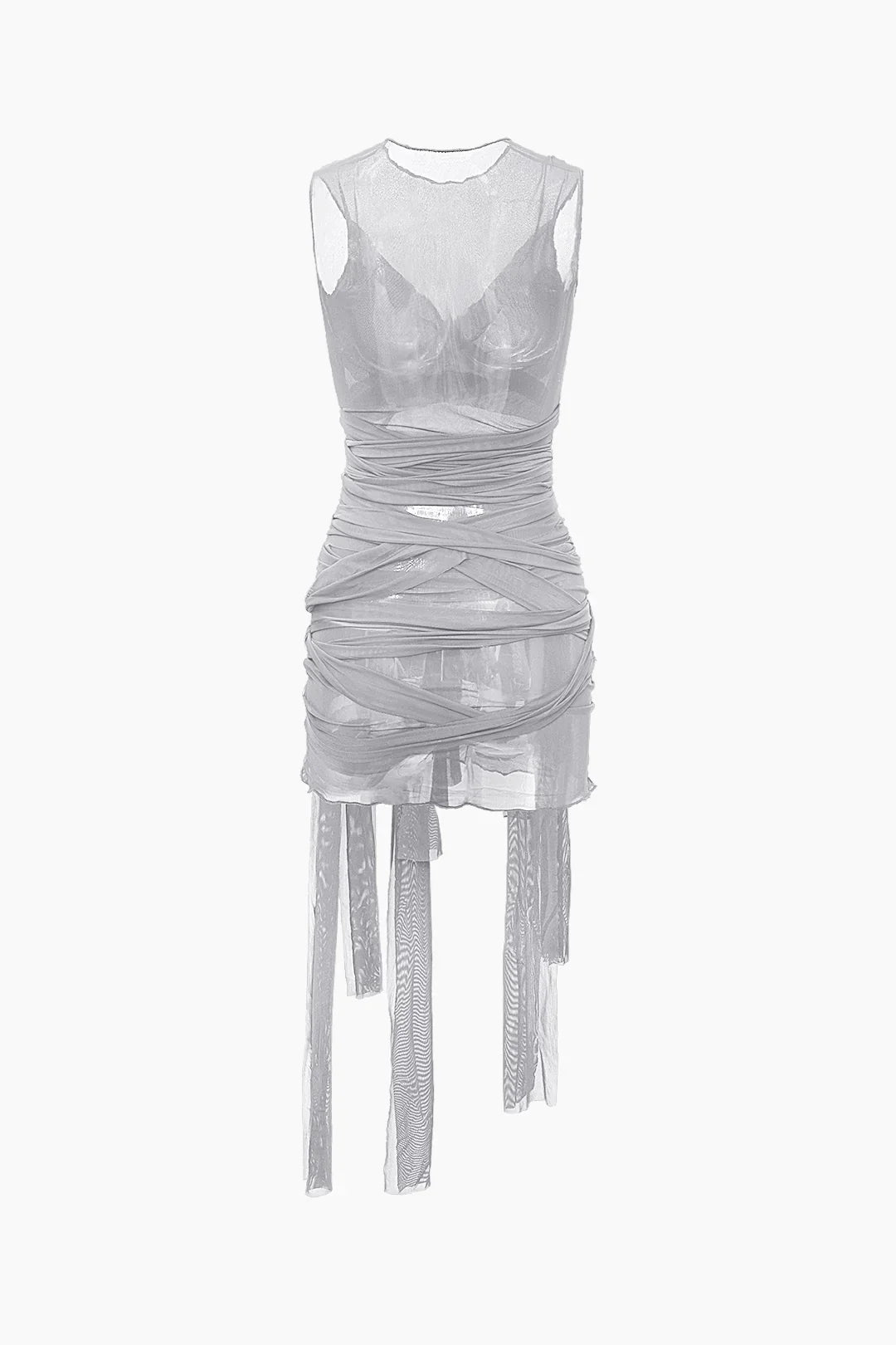 Sheer Mesh Wrap Tie Ribbon Mini Dress - Fashionpara