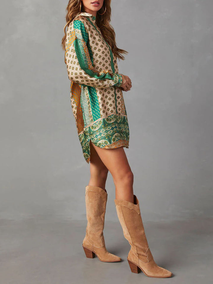 Never Too Late Boho Print Long Sleeve Mini Dress - Fashionpara