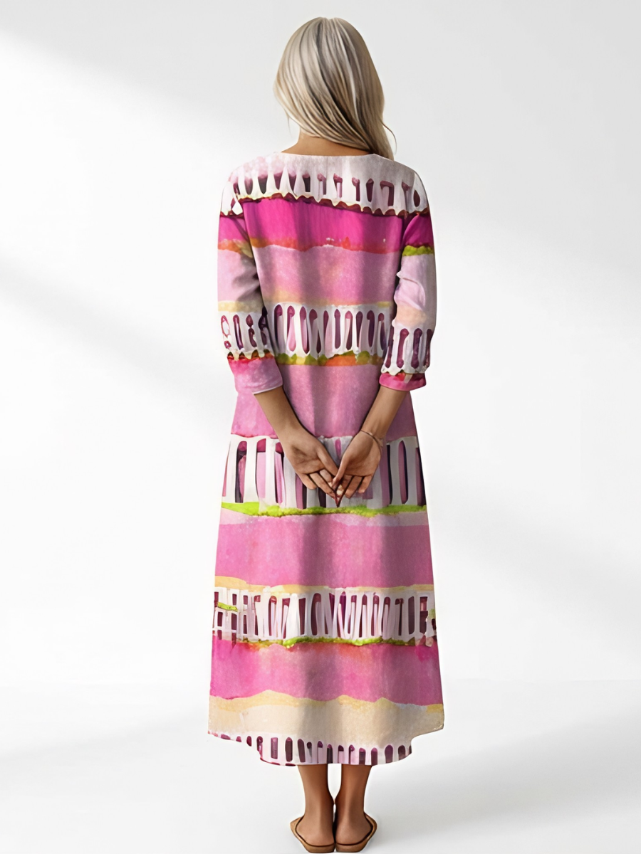 Painterly Stripe Print V-Neck Long Sleeve Tiered Midi Dress 3