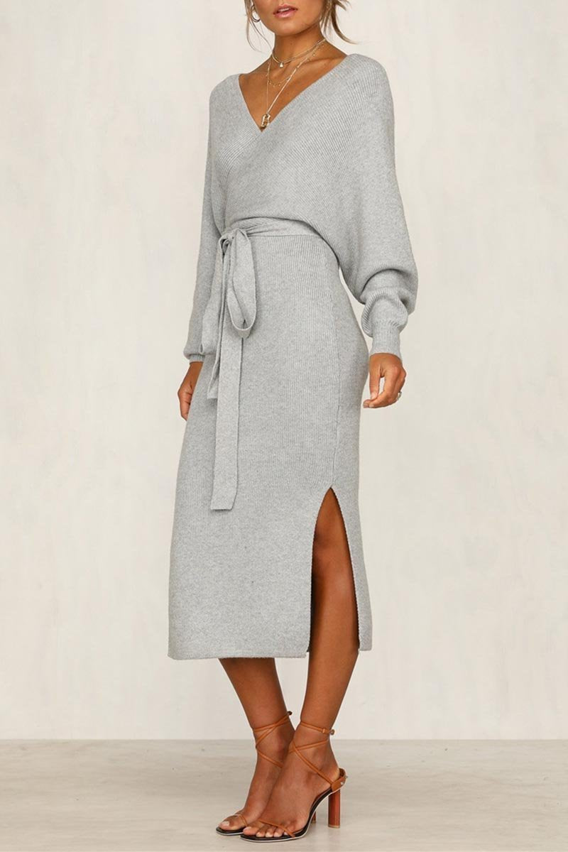 Florcoo Elegant V Neck Backless Sweater Dress in 5 Colors