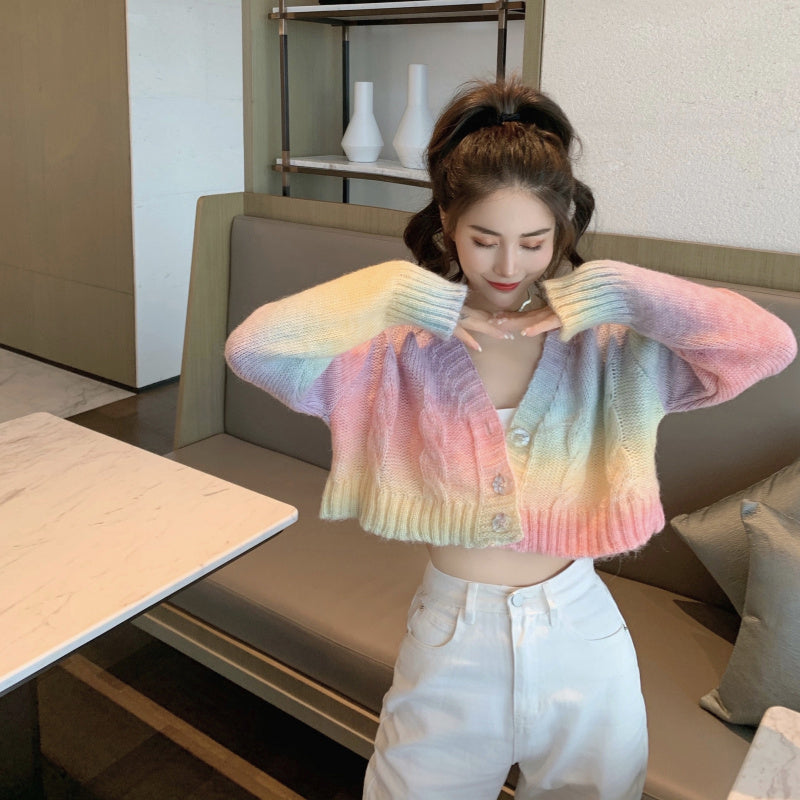 KittenAlarm - Cropped Rainbow Colors Knitted Cardigan Sweater