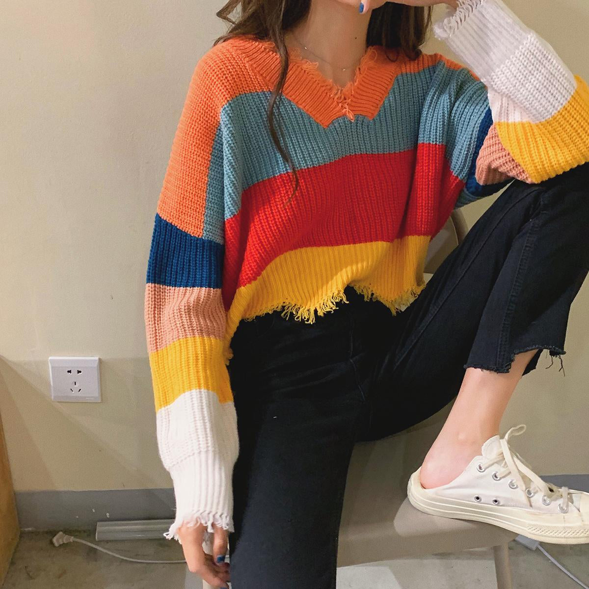 KittenAlarm - V-Neck Colorful Striped Tassel Sweater