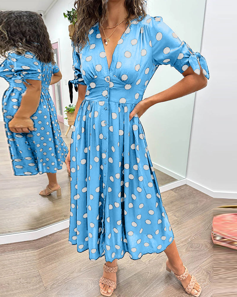 Polka Dot Deep V-Neck Button Front Puff Sleeve Tie Cuff Midi Dress - View 16