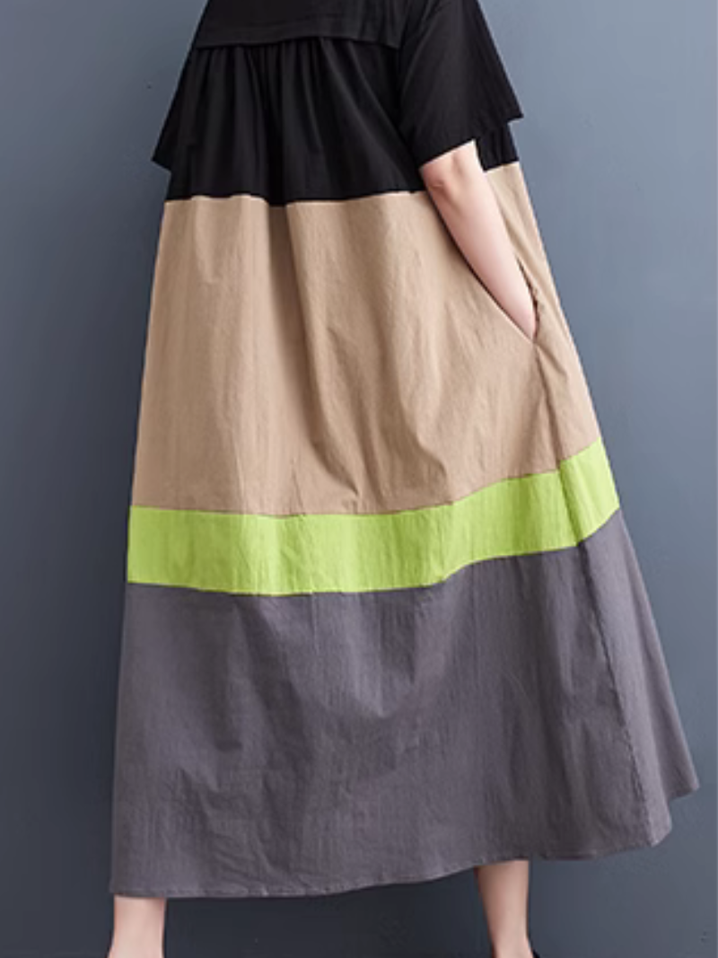 Colorblock Button Front Oversized Short Sleeve Midi Dress - View 5
