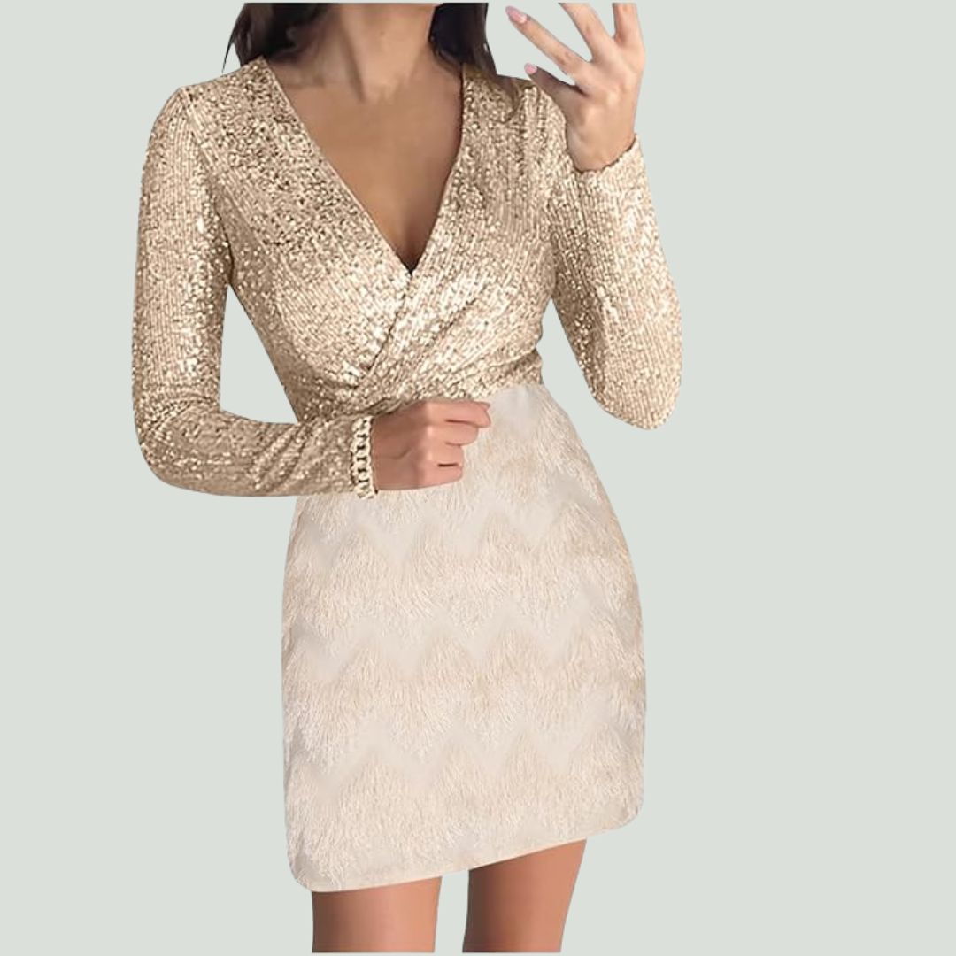 Sequin Deep V-Neck Wrap Long Sleeve Textured Skirt Mini Dress - View 2