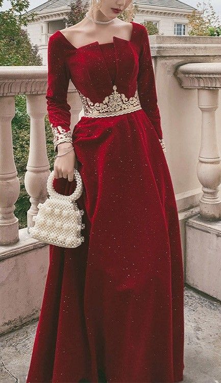 Pretty Red Velvet Beaded Appliques A Line Birthday Party Dress Long Evening Gown D1612