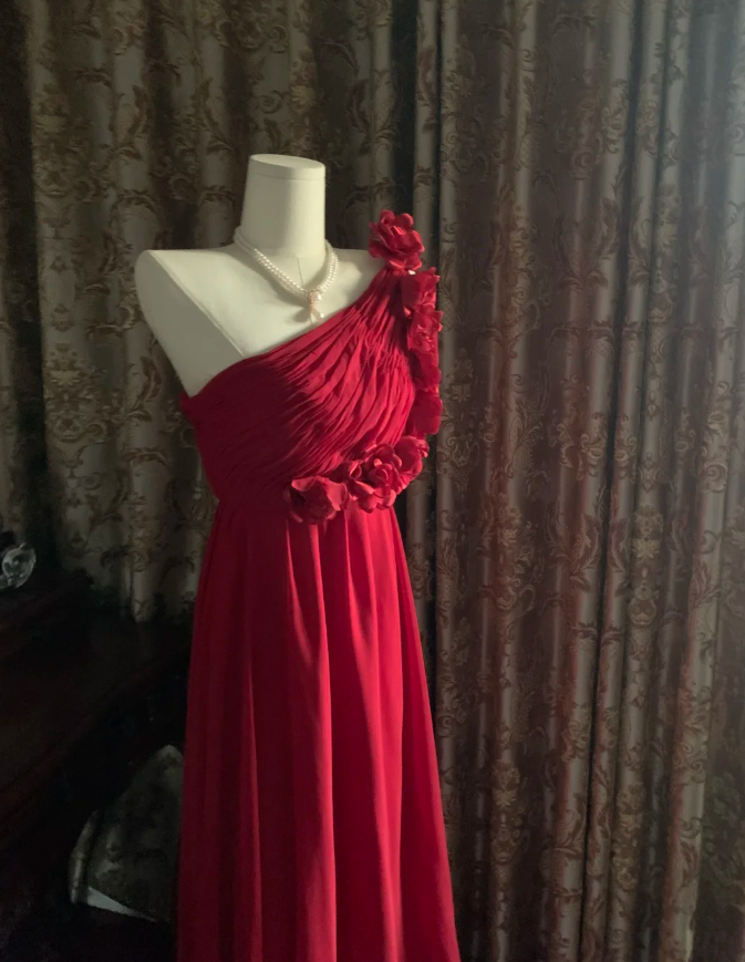 Elegant One Shoulder Red Chiffon Long Wedding Guest Dress Formal Birthday Prom Dress Evening Dress With Flowers D1780