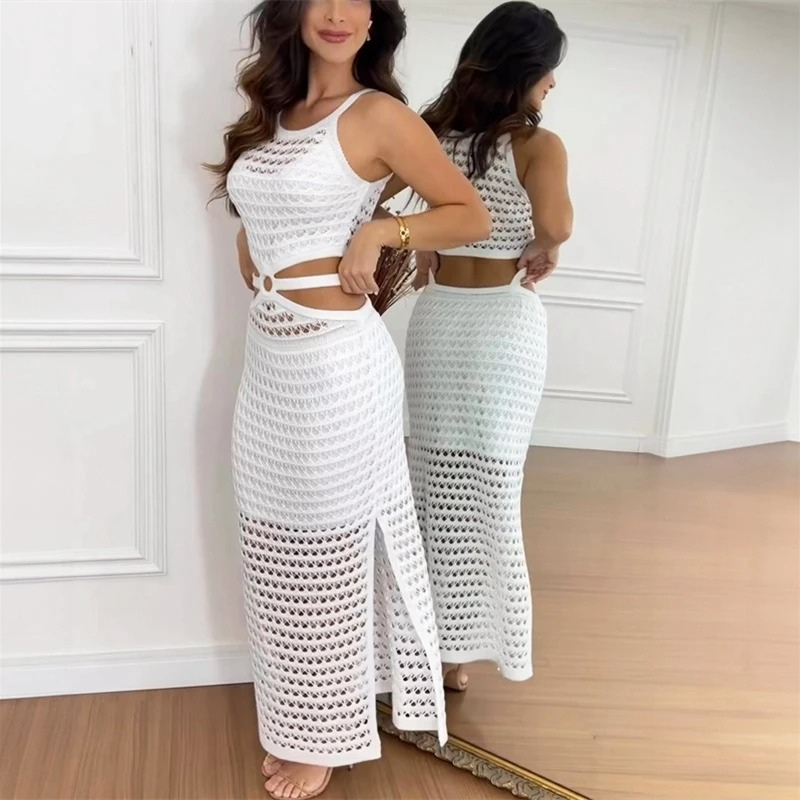 Crochet Knit One Shoulder Ring Waist Cut Out Side Slit Maxi Dress - View 7
