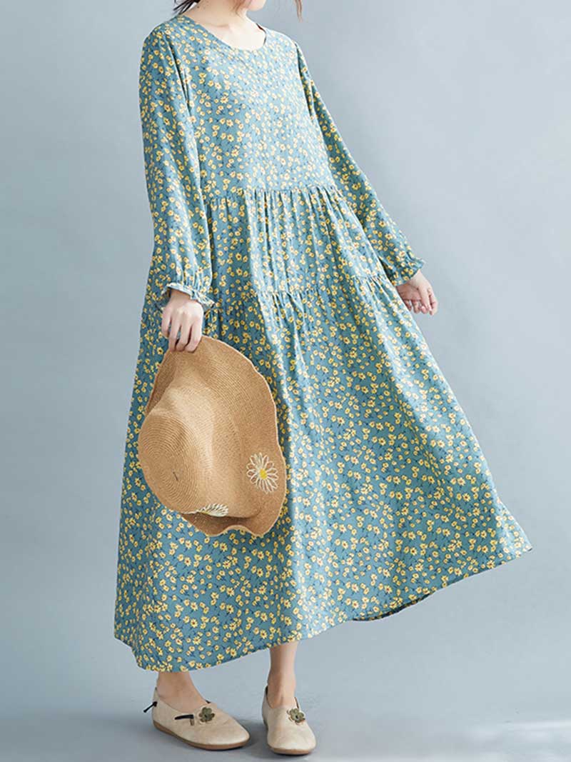 Floral Print Round Neck Short Sleeve Smock Maxi Dress 3
