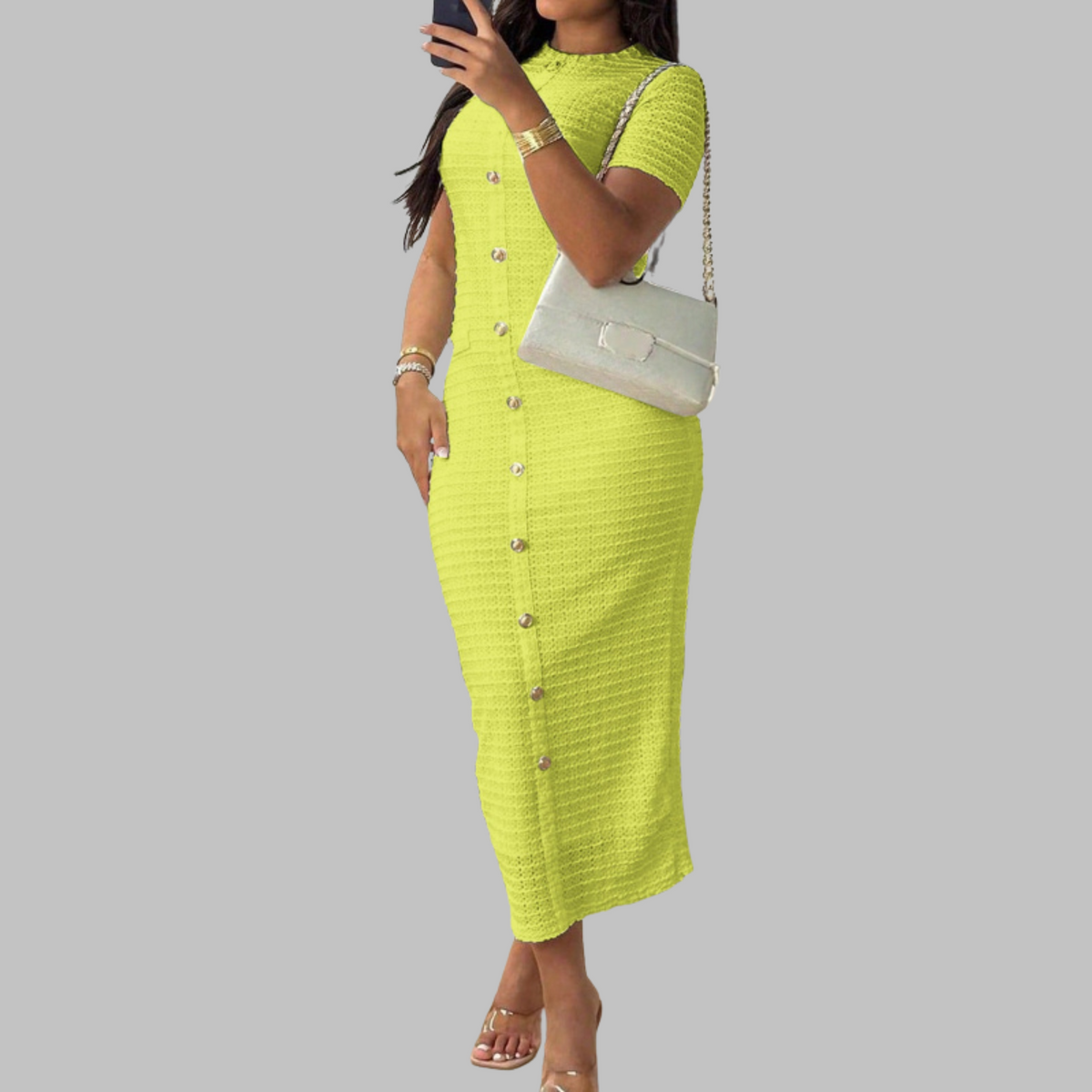 Mock Neck Short Sleeve Button Front Bodycon Midi Dress 3