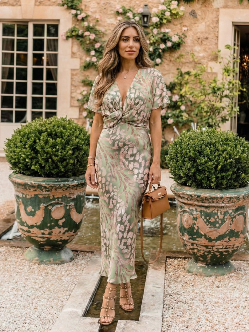 Floral Print V-Neck Twist Waist Short Sleeve Midi Dress 7
