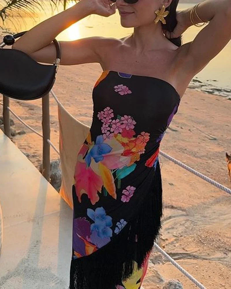 Elegant Vacation Print Fringe Dress - Fashionpara