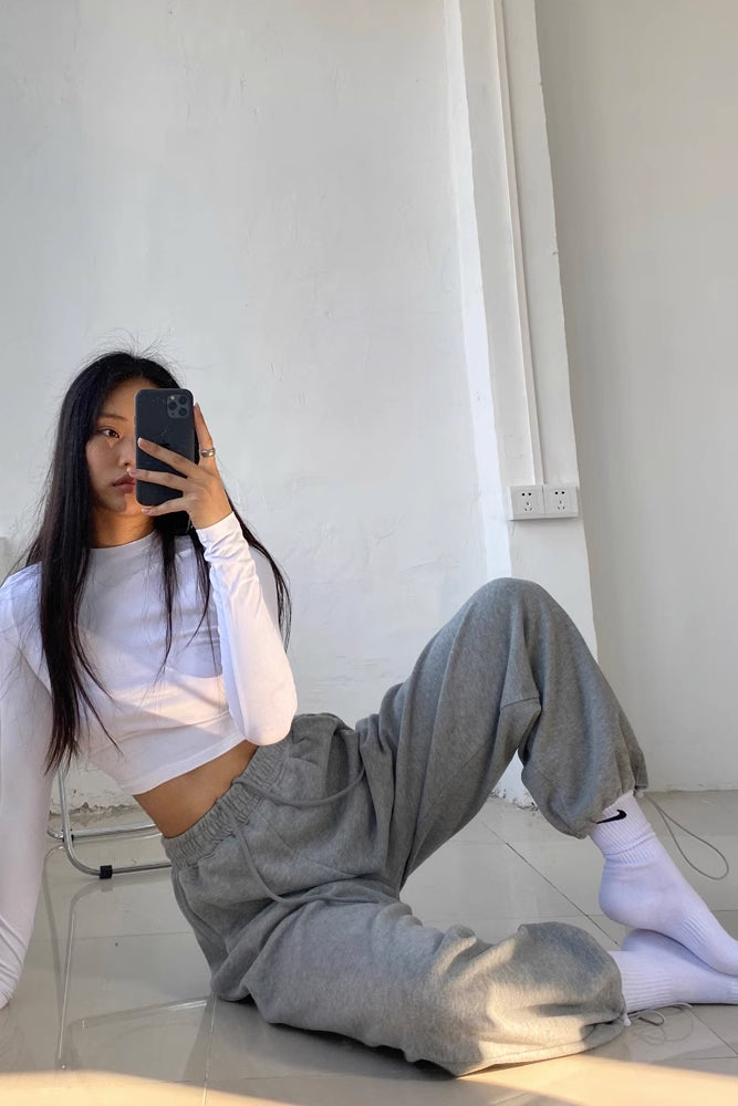 Lace Up Seam Elastic Waist Sports Pants