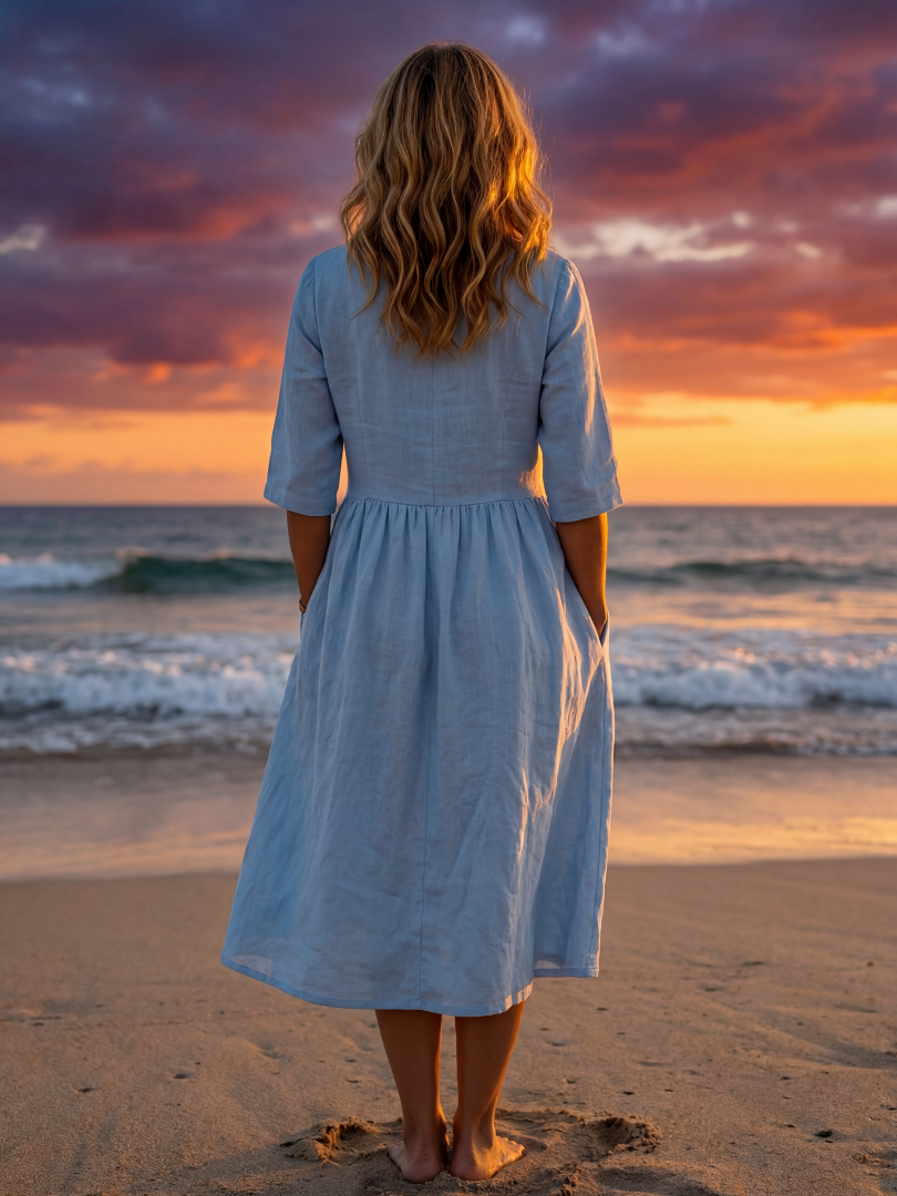 Round Neck Half Sleeve Babydoll Linen Look Midi Dress 5