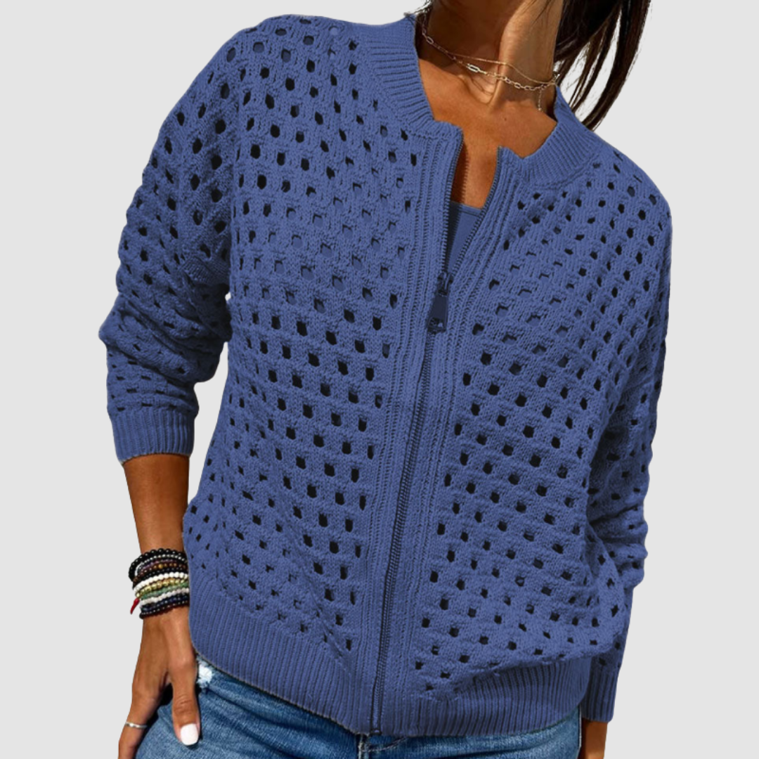 Crew Neck Open Knit Zip Front Cardigan 5