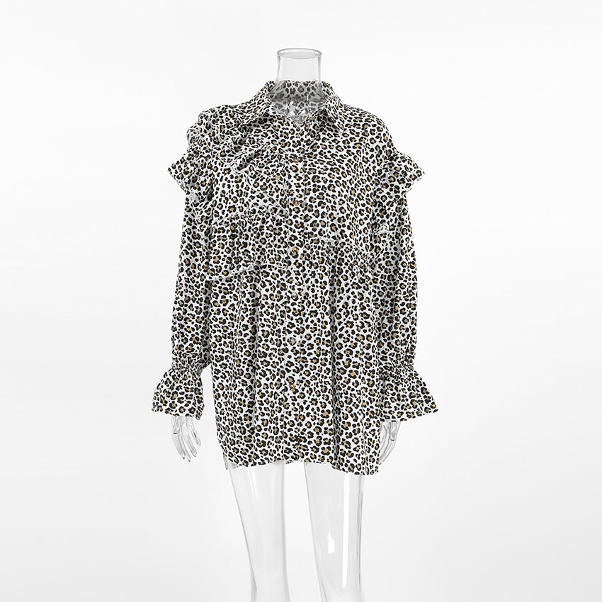 Leopard-Print Collared Long-Sleeve Tiered Mini Dress 5