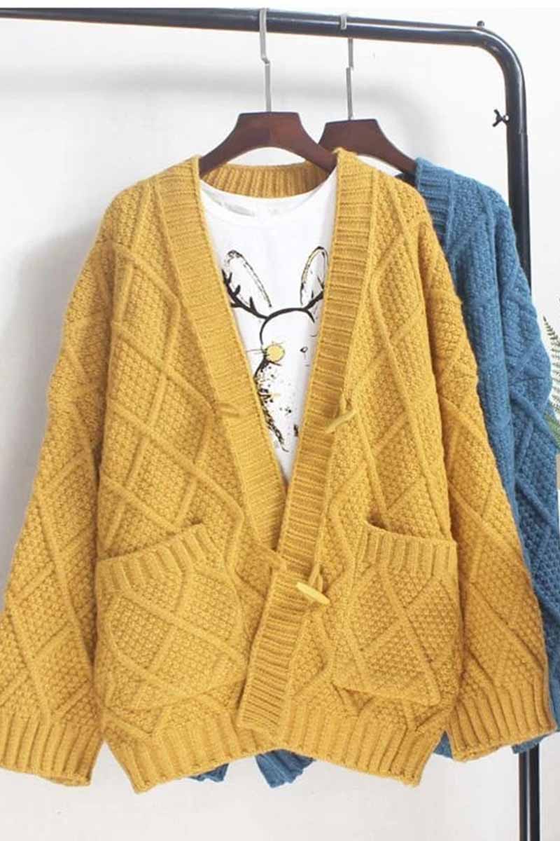 Florcoo Ribbed Horn Buckle Cardigan with Pockets - 4 Colors