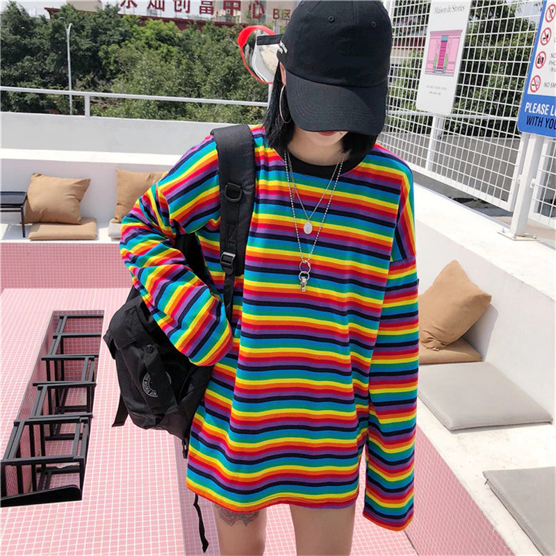 KittenAlarm - Long Sleeve Rainbow Striped Loose Sweatshirt