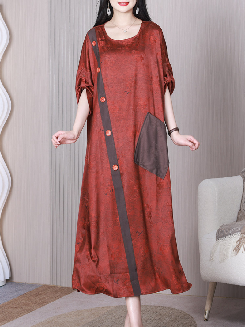 Jacquard Round Neck Button-Trim Patch-Pocket Midi Dress 4