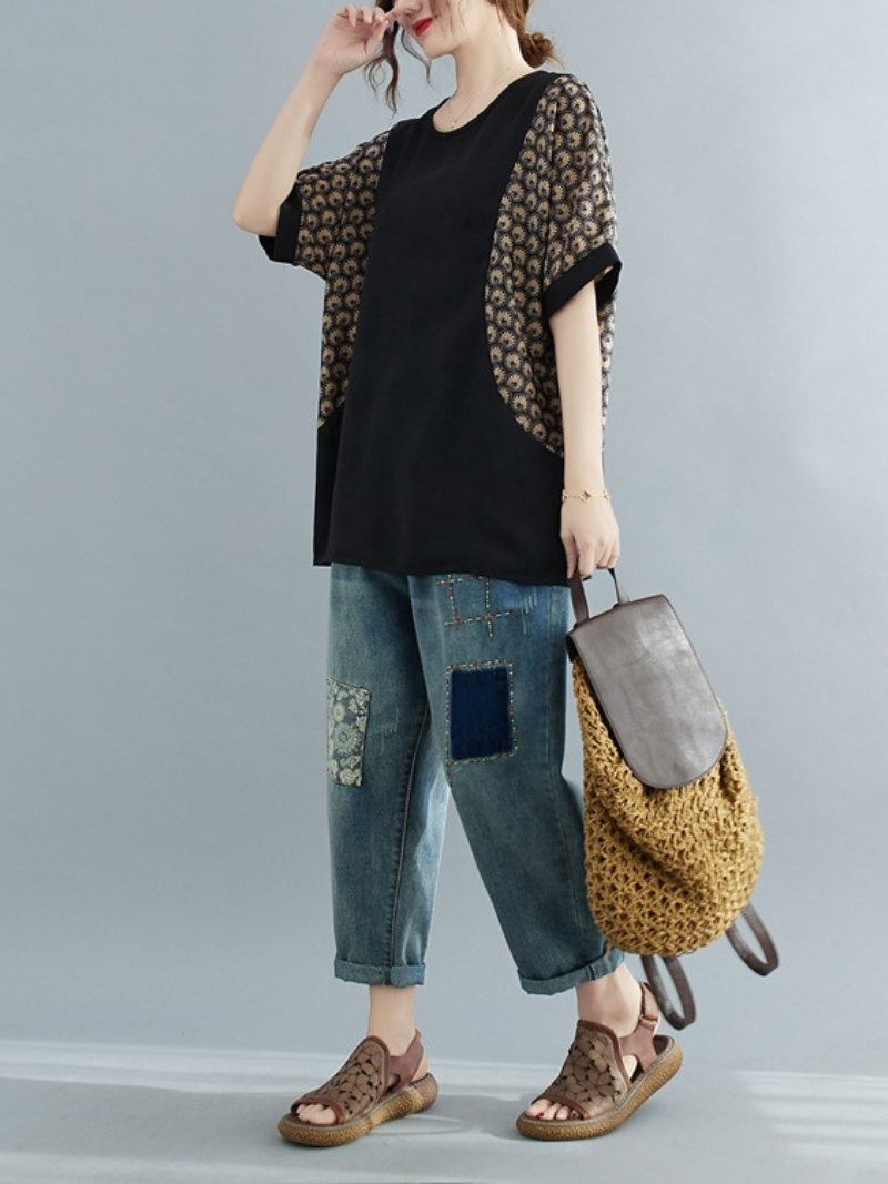 Look At The Sky Round Neck Loose Top - Fashionpara