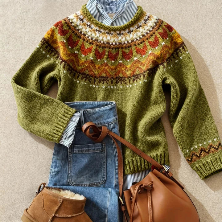 Crew Neck Fair Isle Knit Sweater