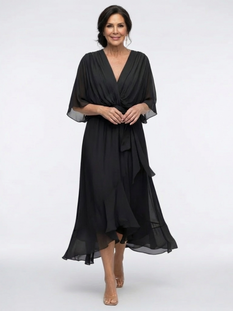 V-Neck Kimono Sleeve Waist Tie Ruffle Hem Midi Dress 2
