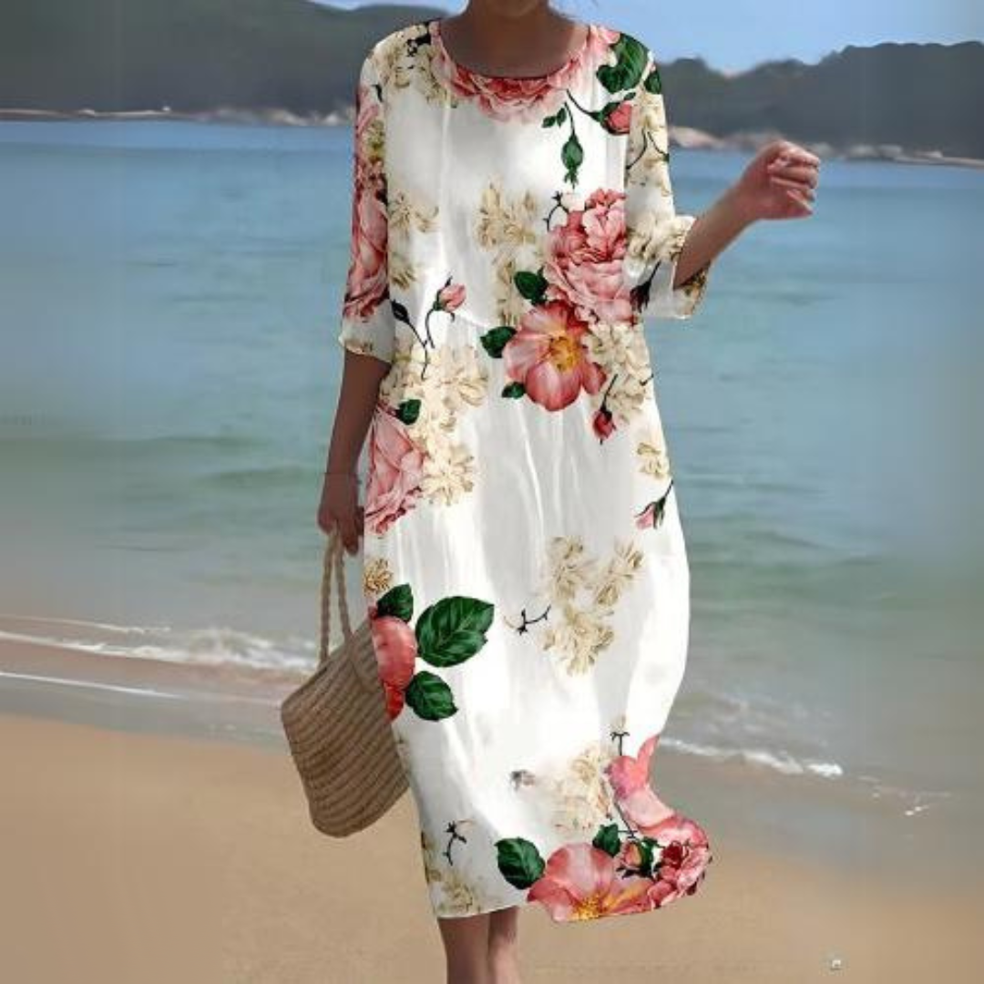 Floral Round Neck Half Sleeve Shift Summer Midi Dress - View 11