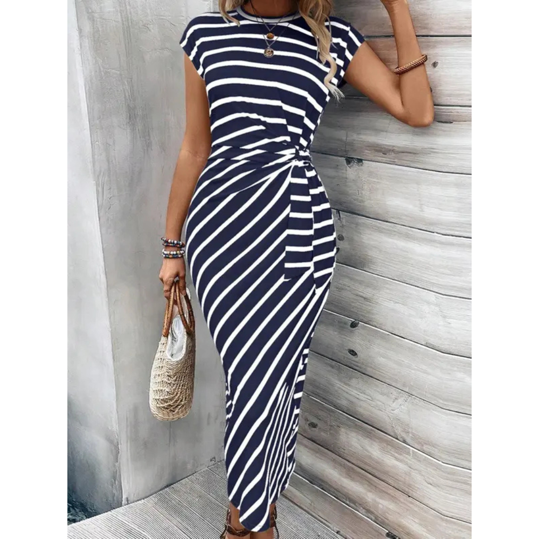 Striped Round Neck Cap Sleeve Twist Front Bodycon Midi Dress 5