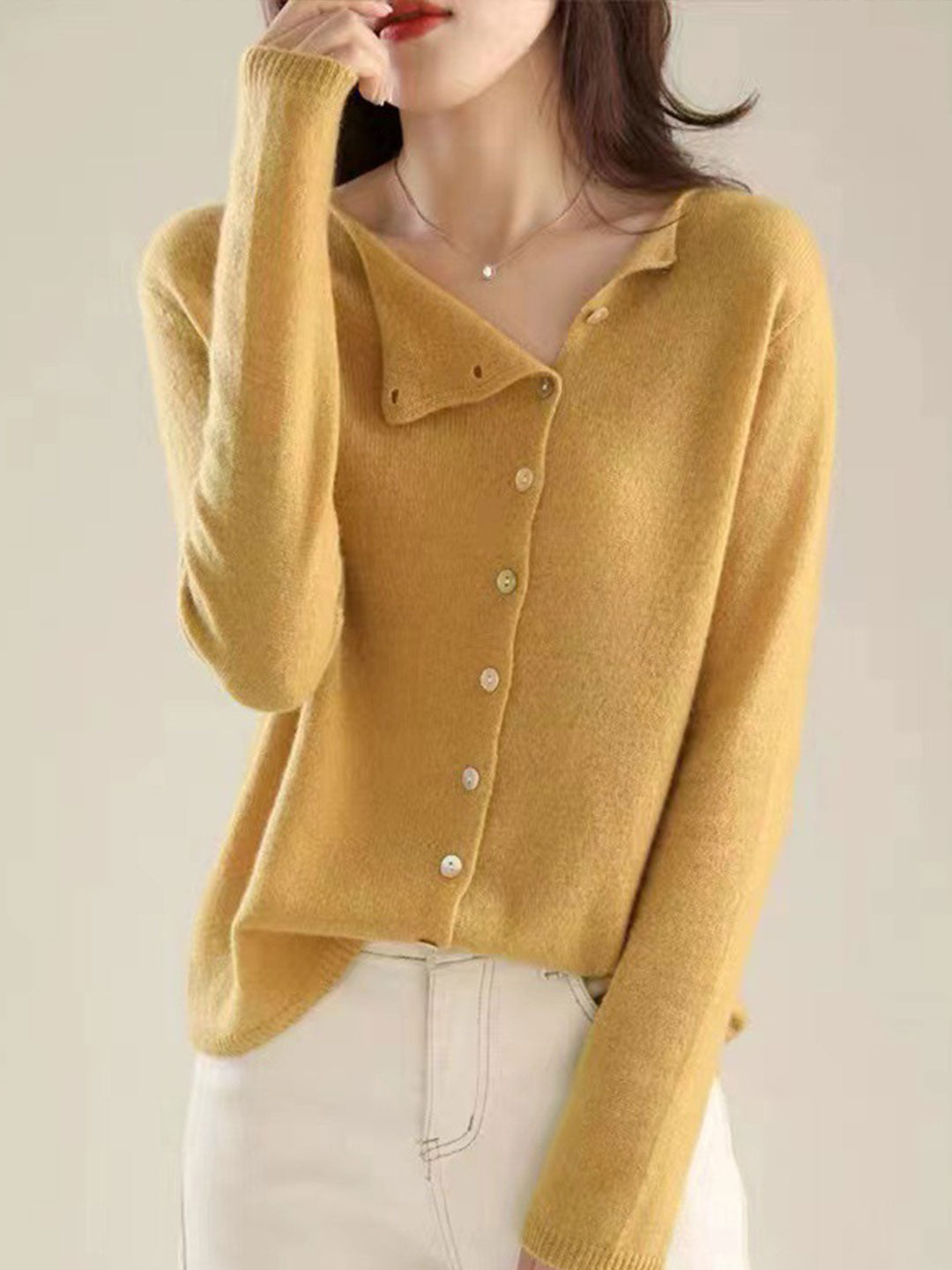 Foldover Collar Button Front Long Sleeve Knit Cardigan