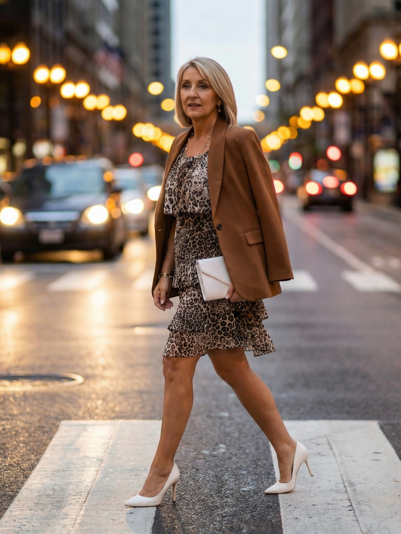 Round Neck Short Sleeve Animal Print Tiered Midi Dress 5